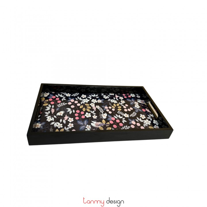 Black rectangle lacquer tray with floral pattern 25*40 cm